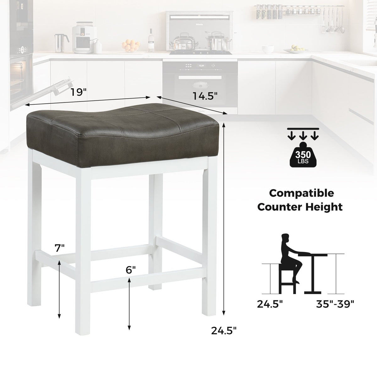 24.5 Inches Linen Fabric Saddle Stools Set of 2 with Cushioned Seat-Black and White view 4