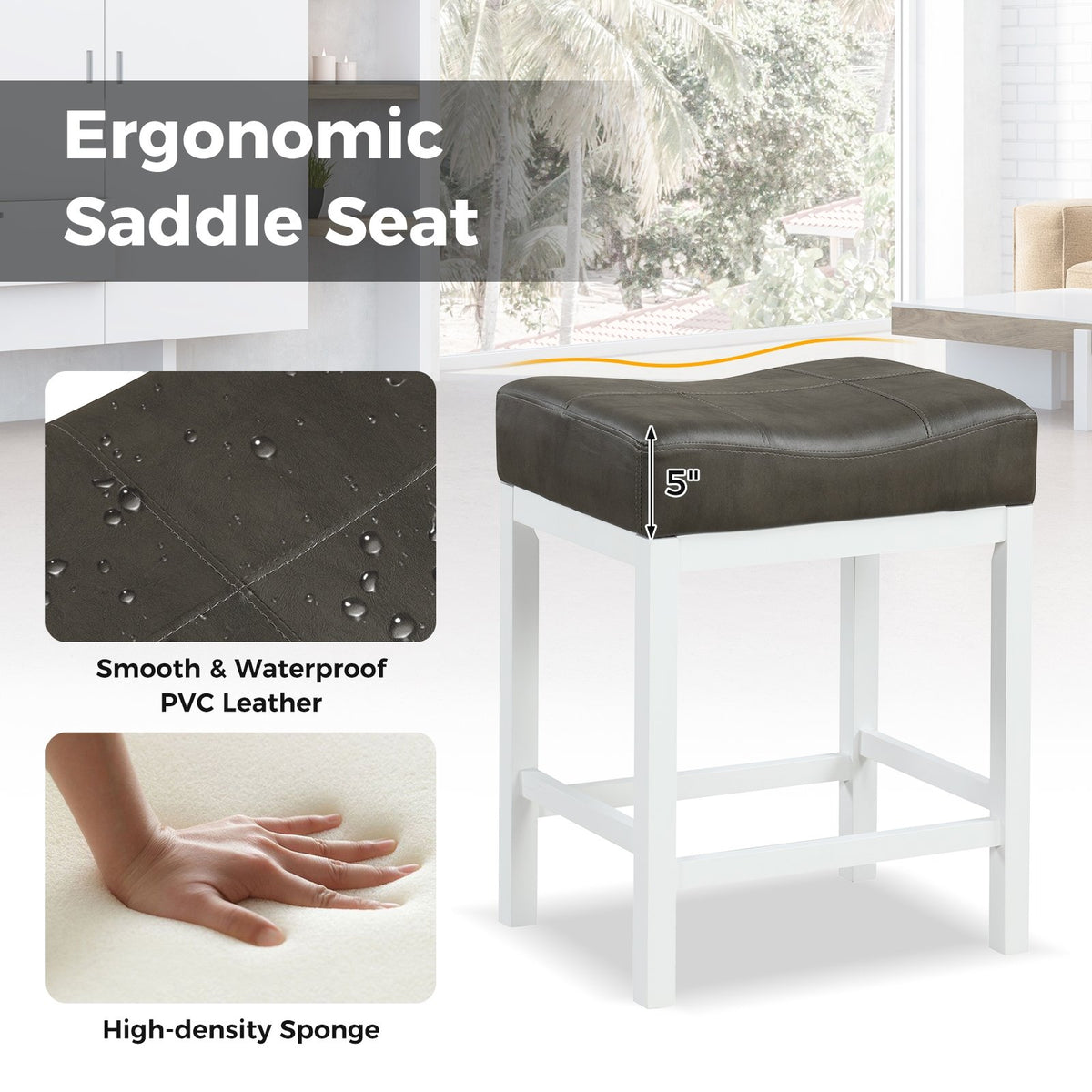 24.5 Inches Linen Fabric Saddle Stools Set of 2 with Cushioned Seat-Black and White view 7