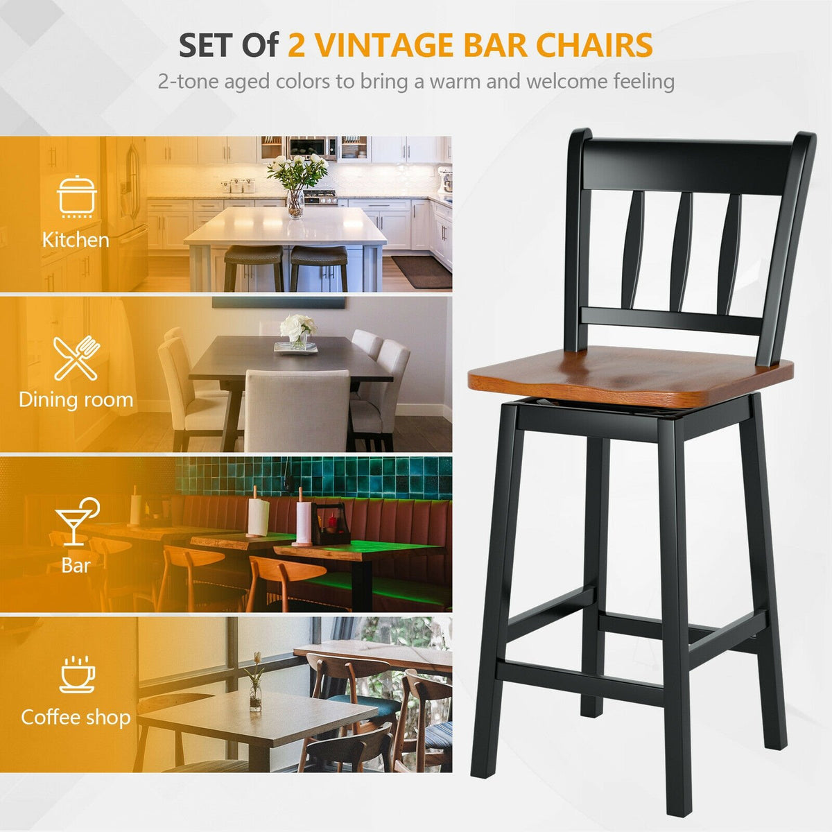 24.5 Inches Set of 2 Swivel Bar Stools with 360° Swiveling-Black view 3