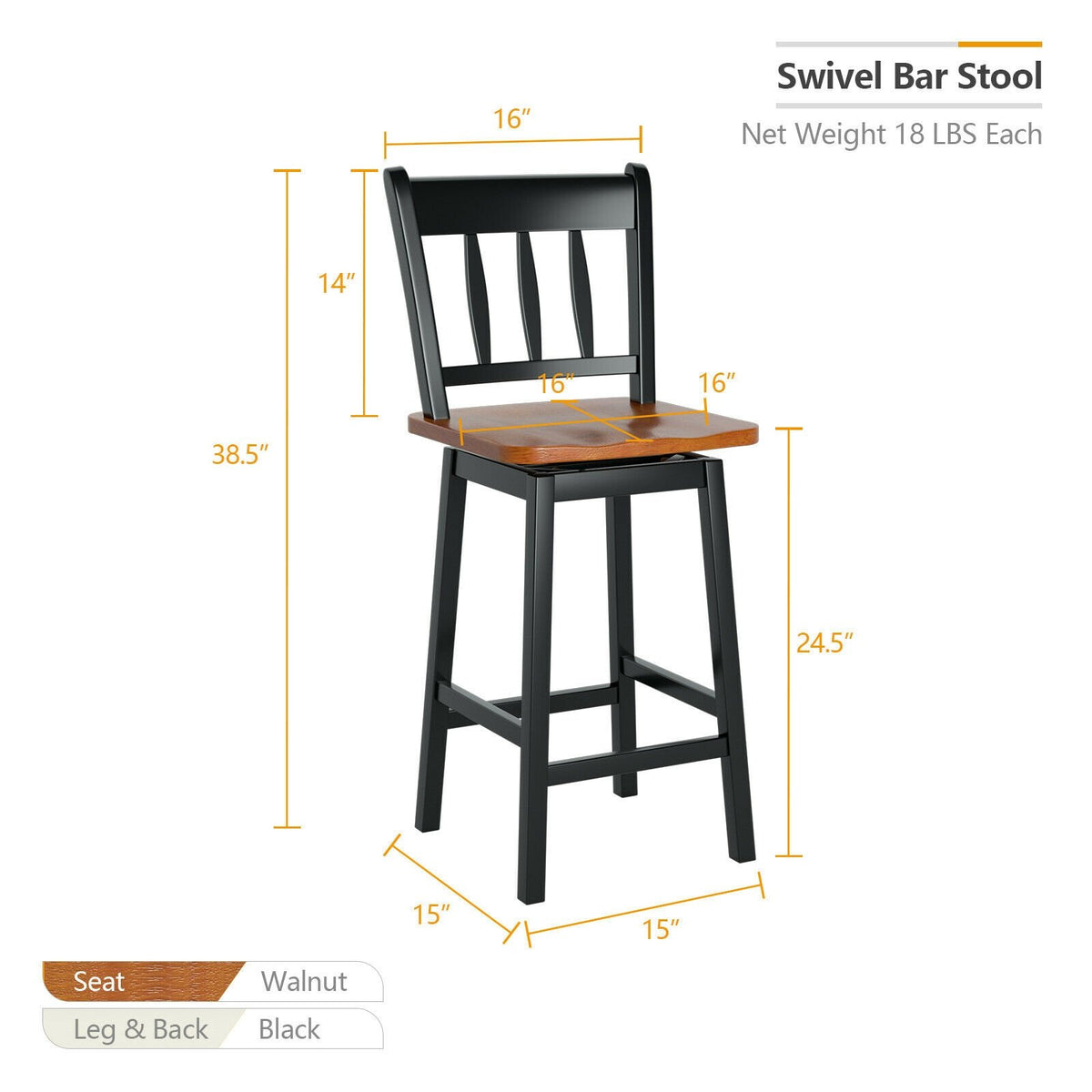 24.5 Inches Set of 2 Swivel Bar Stools with 360° Swiveling-Black view 4