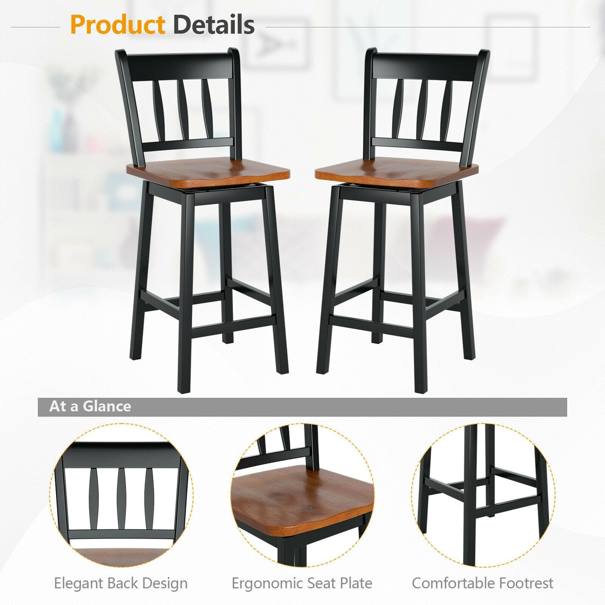 24.5 Inches Set of 2 Swivel Bar Stools with 360° Swiveling-Black view 7