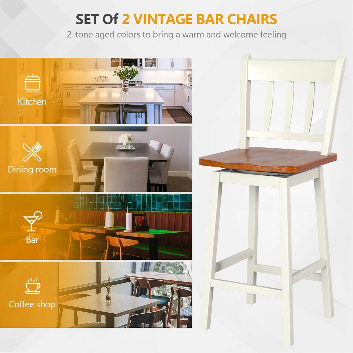 24.5 Inches Set of 2 Swivel Bar Stools with 360° Swiveling-White view 3