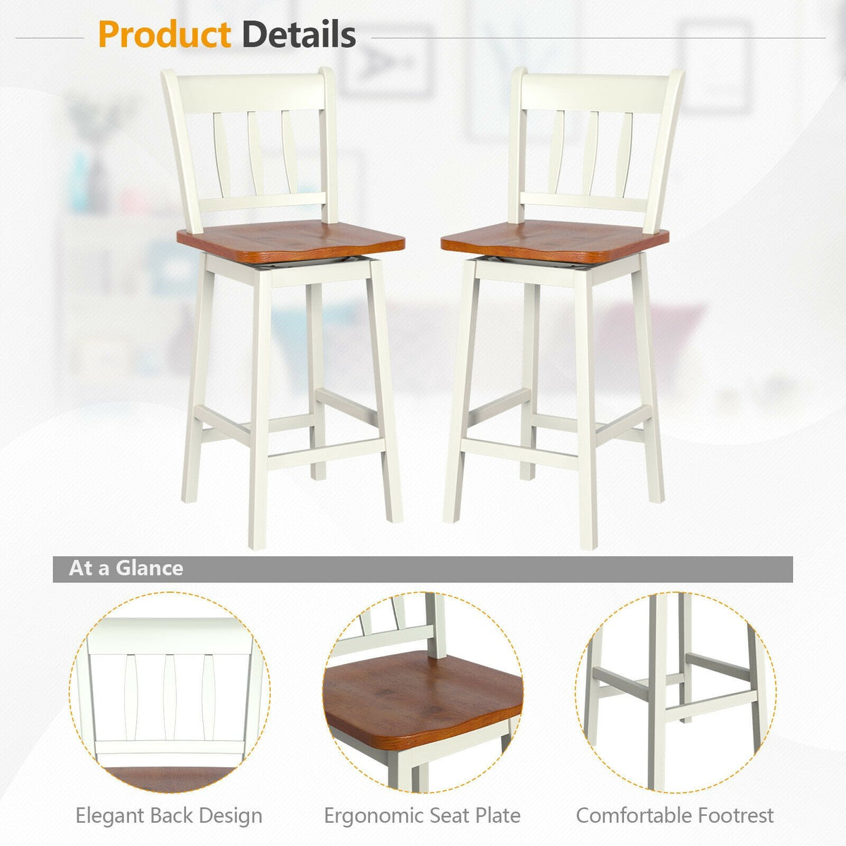 24.5 Inches Set of 2 Swivel Bar Stools with 360° Swiveling-White view 8