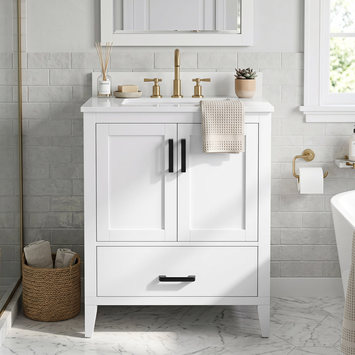 24.5 inches Modern Bathroom Vanity with Sink 2 Doors and Drawer-White view 2
