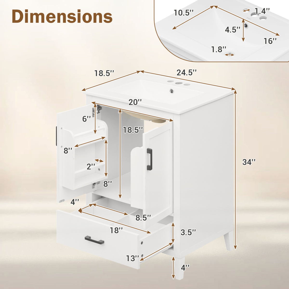 24.5 inches Modern Bathroom Vanity with Sink 2 Doors and Drawer-White view 5