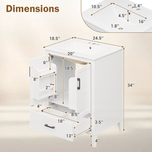 24.5 inches Modern Bathroom Vanity with Sink 2 Doors and Drawer-White view 5