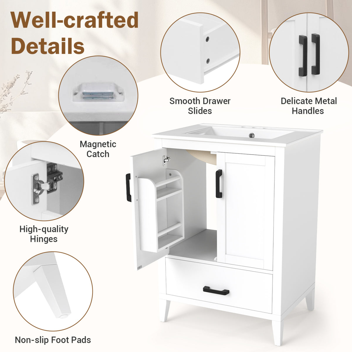 24.5 inches Modern Bathroom Vanity with Sink 2 Doors and Drawer-White view 6