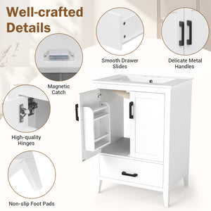 24.5 inches Modern Bathroom Vanity with Sink 2 Doors and Drawer-White view 6