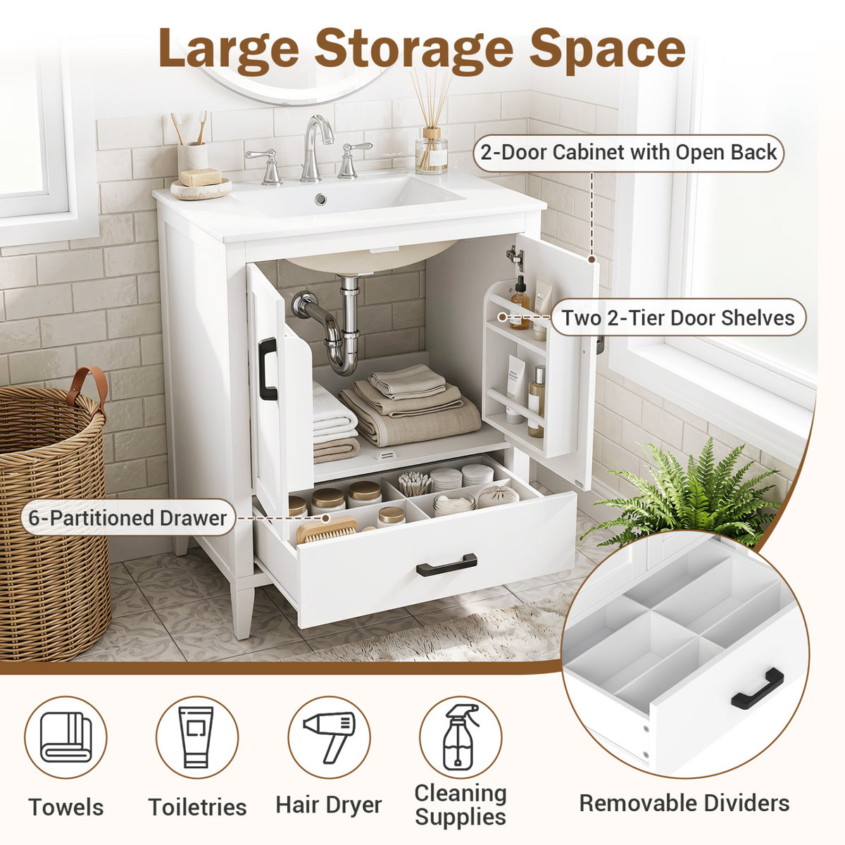 24.5 inches Modern Bathroom Vanity with Sink 2 Doors and Drawer-White view 7