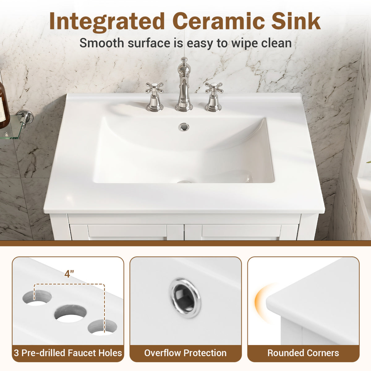 24.5 inches Modern Bathroom Vanity with Sink 2 Doors and Drawer-White view 8