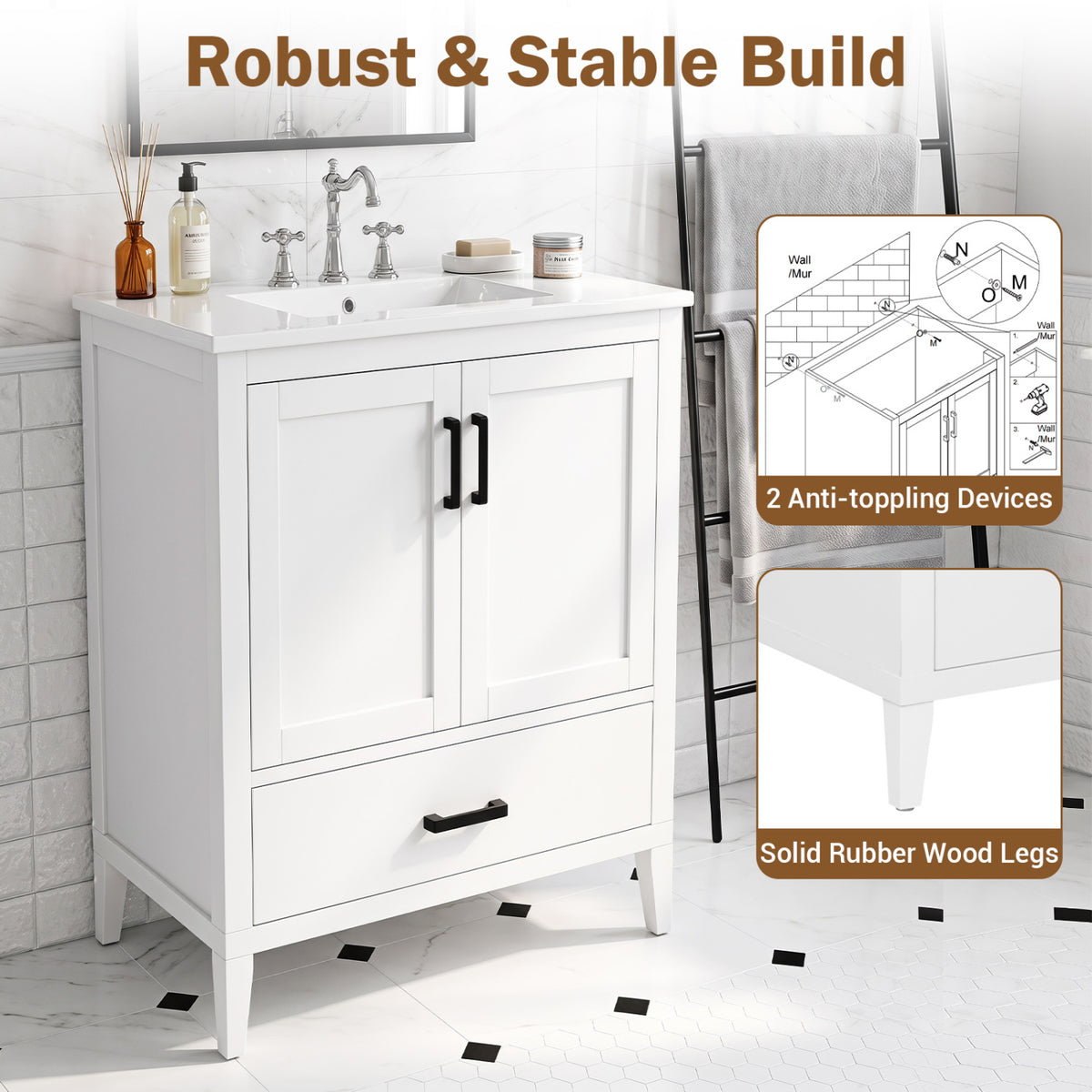 24.5 inches Modern Bathroom Vanity with Sink 2 Doors and Drawer-White view 9