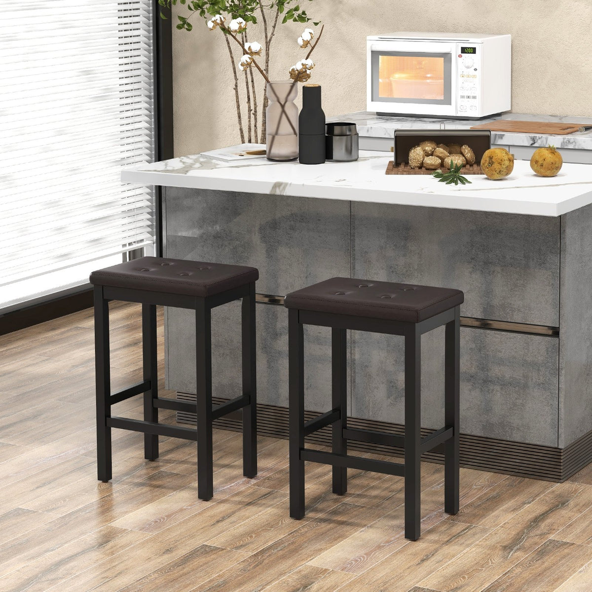 24 Inch Bar Stools with Padded Seat Footrest and Rubber Wood Frame-Brown view 2