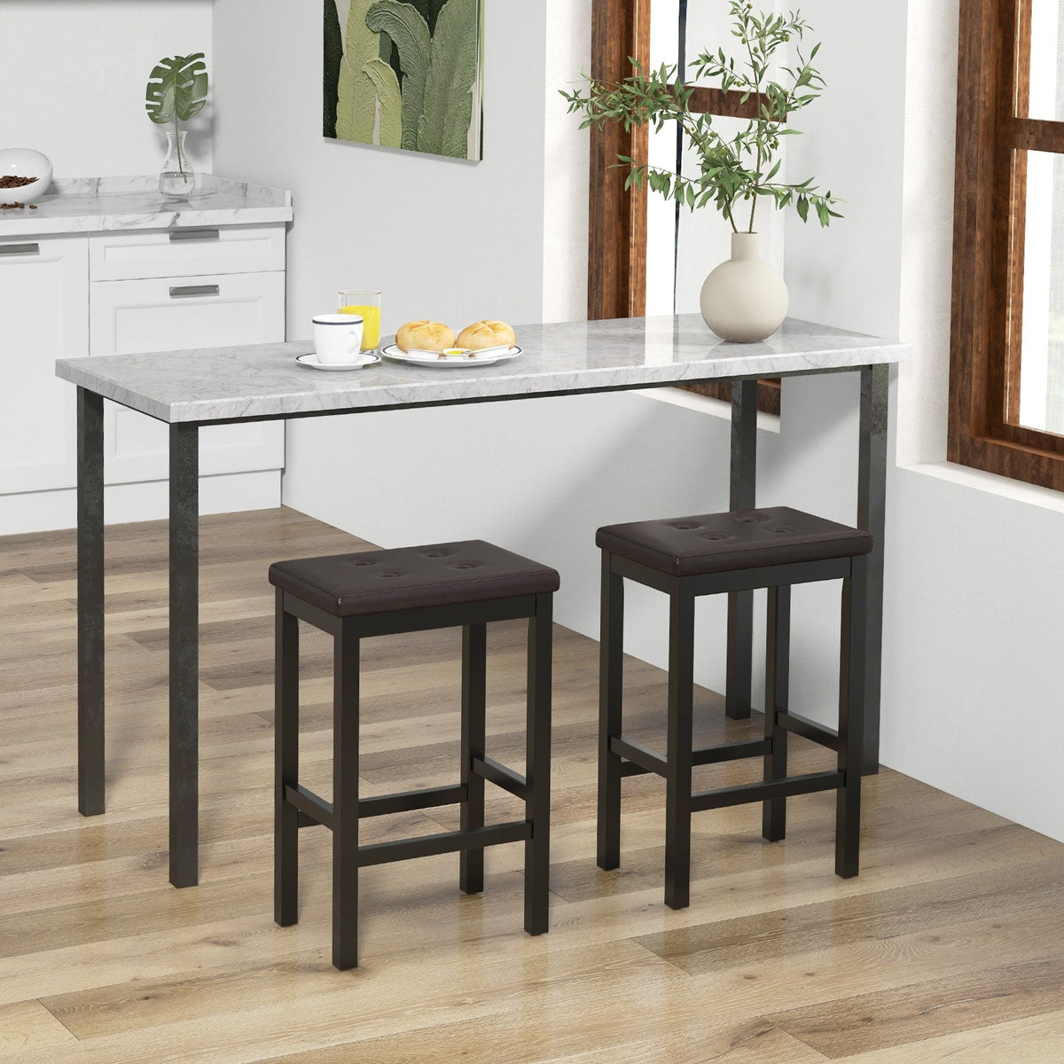 24 Inch Bar Stools with Padded Seat Footrest and Rubber Wood Frame-Brown view 3