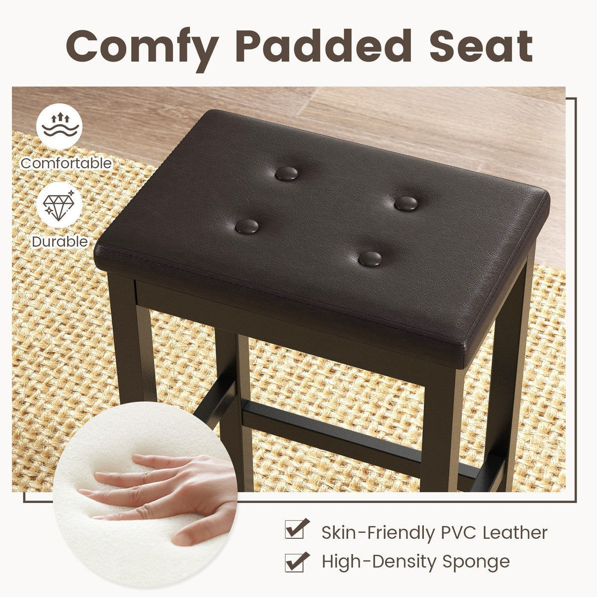 24 Inch Bar Stools with Padded Seat Footrest and Rubber Wood Frame-Brown view 6