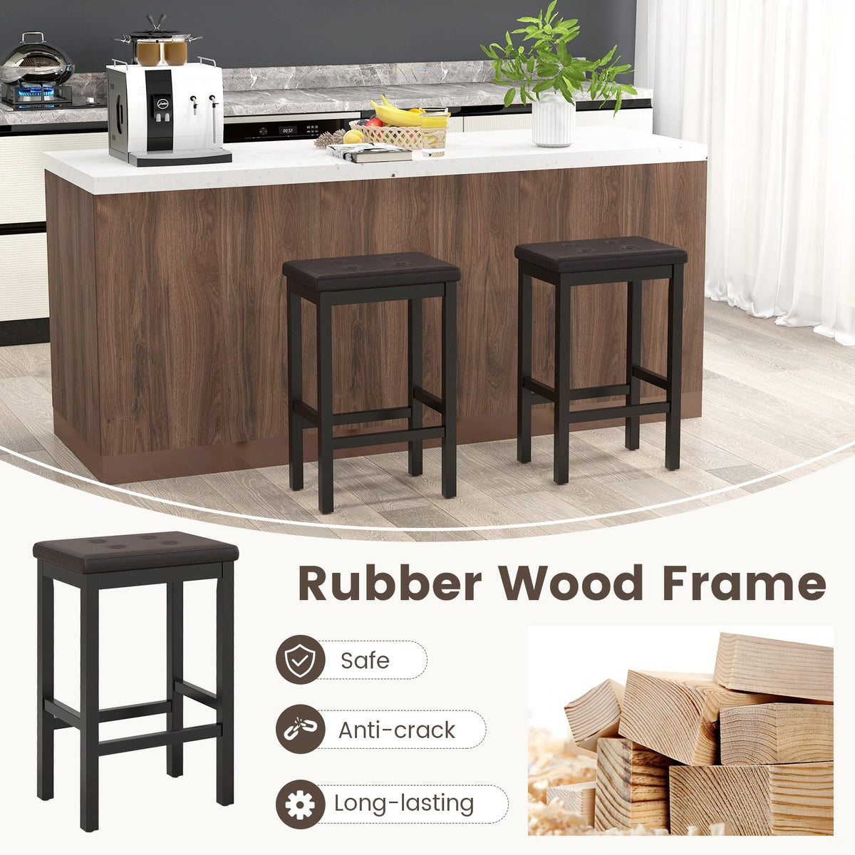 24 Inch Bar Stools with Padded Seat Footrest and Rubber Wood Frame-Brown view 7