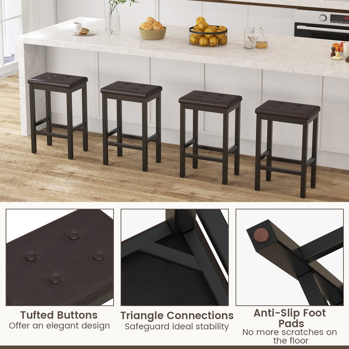 24 Inch Bar Stools with Padded Seat Footrest and Rubber Wood Frame-Brown view 9