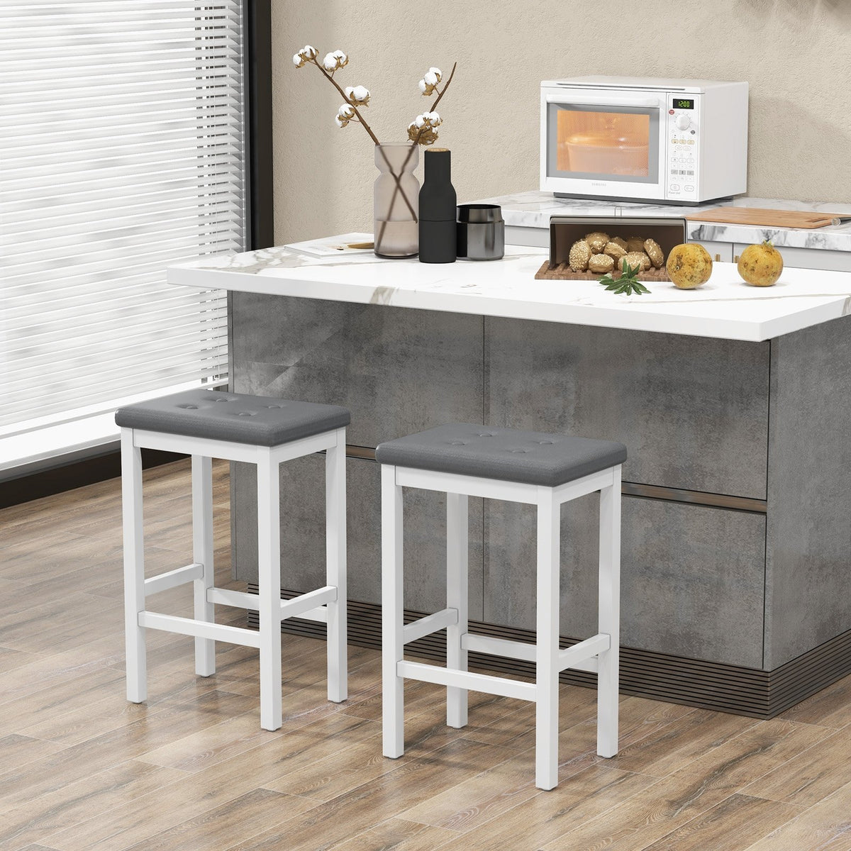 24 Inch Bar Stools with Padded Seat Footrest and Rubber Wood Frame-White view 2