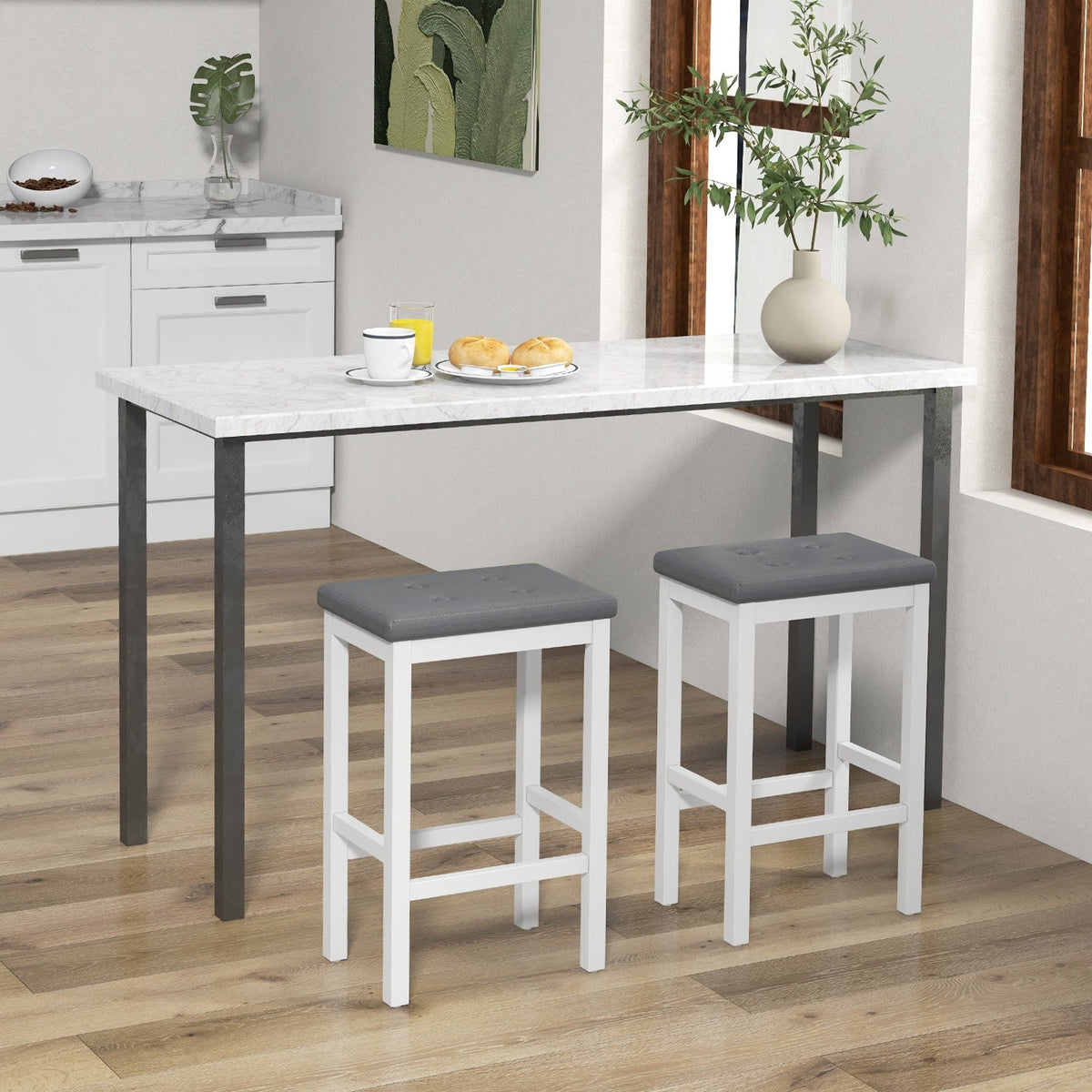24 Inch Bar Stools with Padded Seat Footrest and Rubber Wood Frame-White view 3