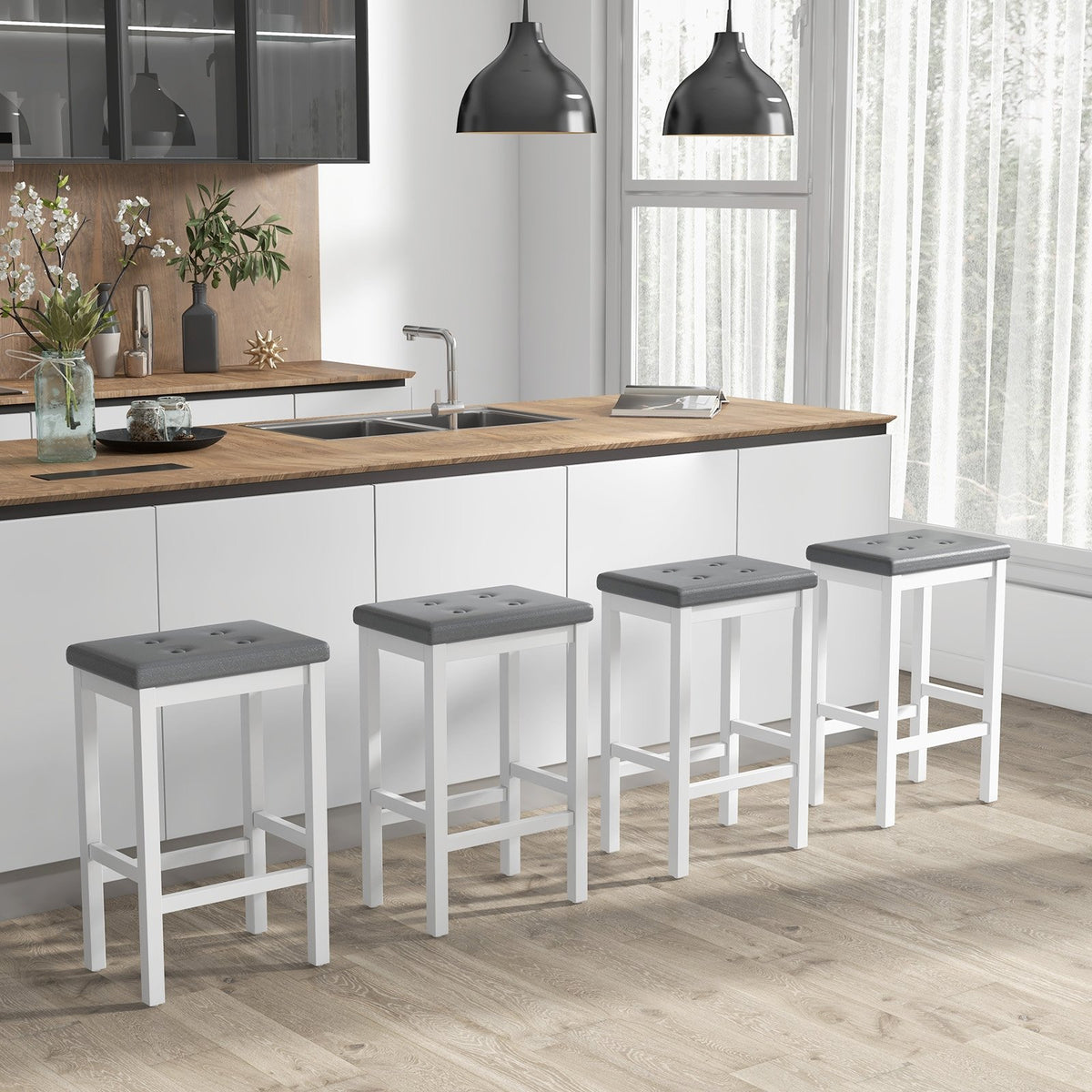 24 Inch Bar Stools with Padded Seat Footrest and Rubber Wood Frame-White view 5