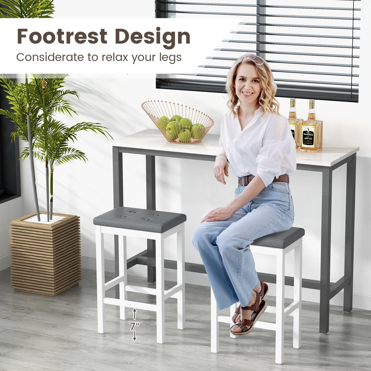 24 Inch Bar Stools with Padded Seat Footrest and Rubber Wood Frame-White view 8