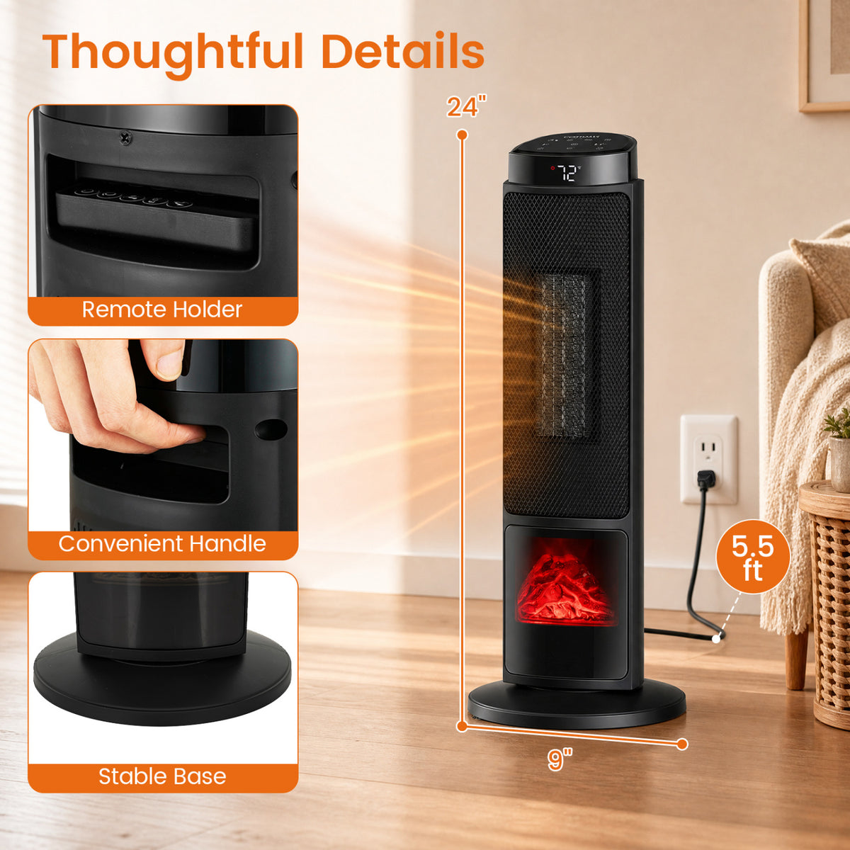 24 inch 1500W PTC Ceramic Tower Space Heater with 7-Color Flame-Black view 3