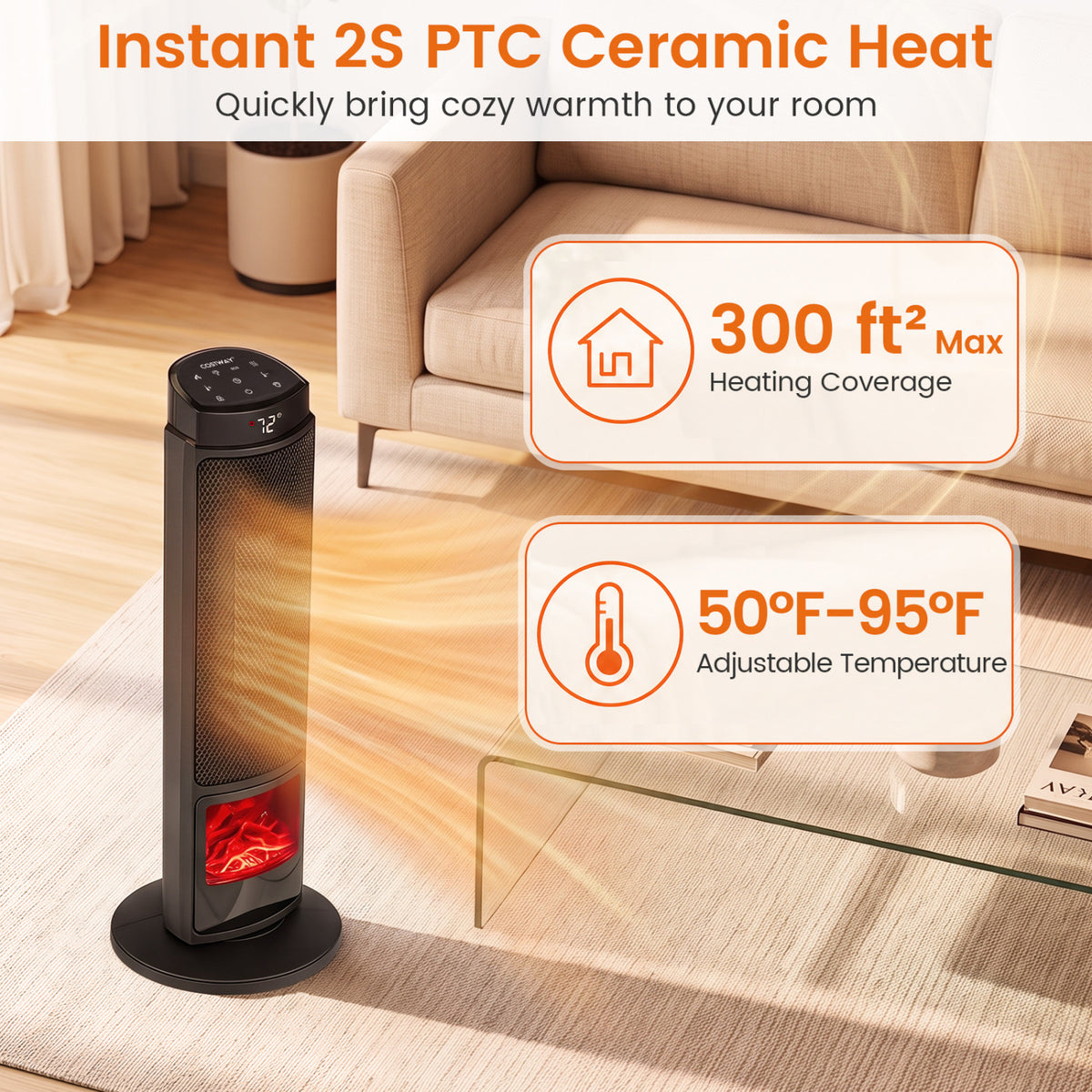 24 inch 1500W PTC Ceramic Tower Space Heater with 7-Color Flame-Black view 7