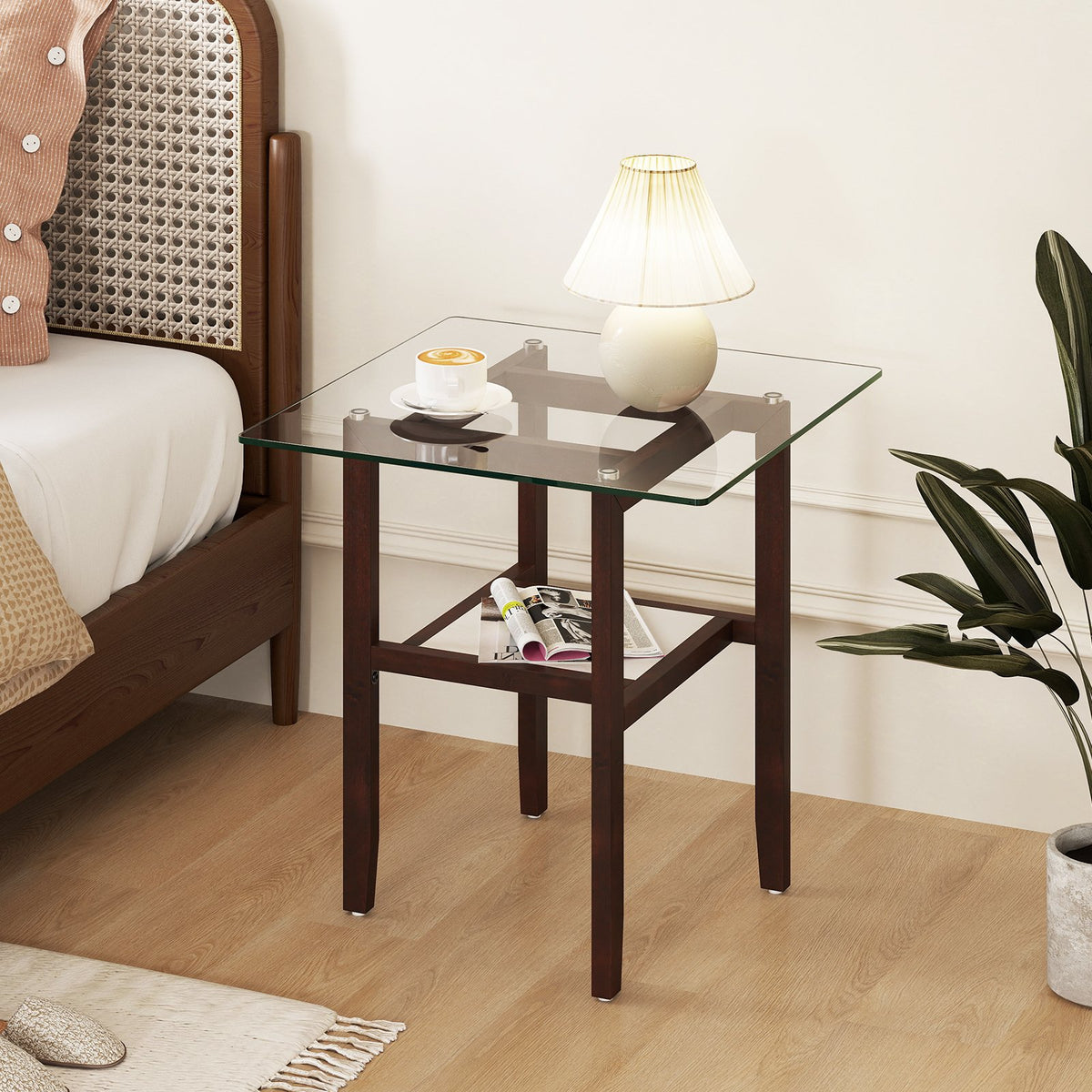 24 Inch 2-Tier Square Glass Coffee Table Center Table with Storage Shelf-Brown view 2