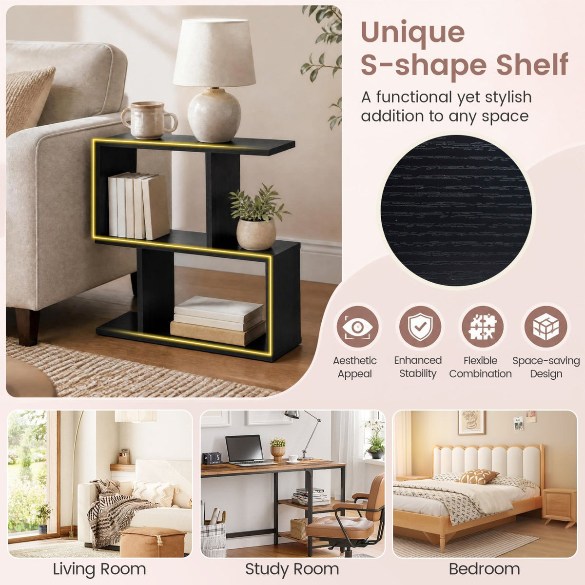 24 Inch 3-Tier Geometric Bookshelf with Thick Foot Pads-Black view 9