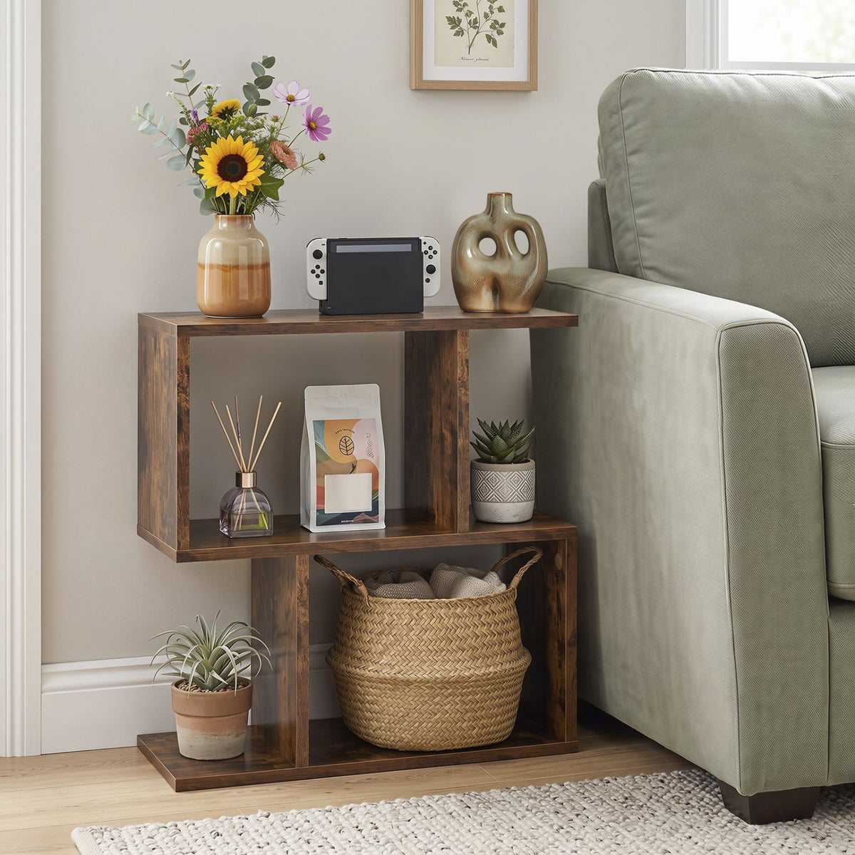 24 Inch 3-Tier Geometric Bookshelf with Thick Foot Pads-Brown view 2