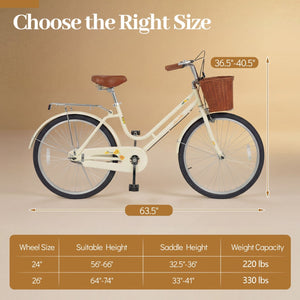 24 Inch Beach Cruiser Bike for Women with Woven Basket and Rear Rack - Beige view 4