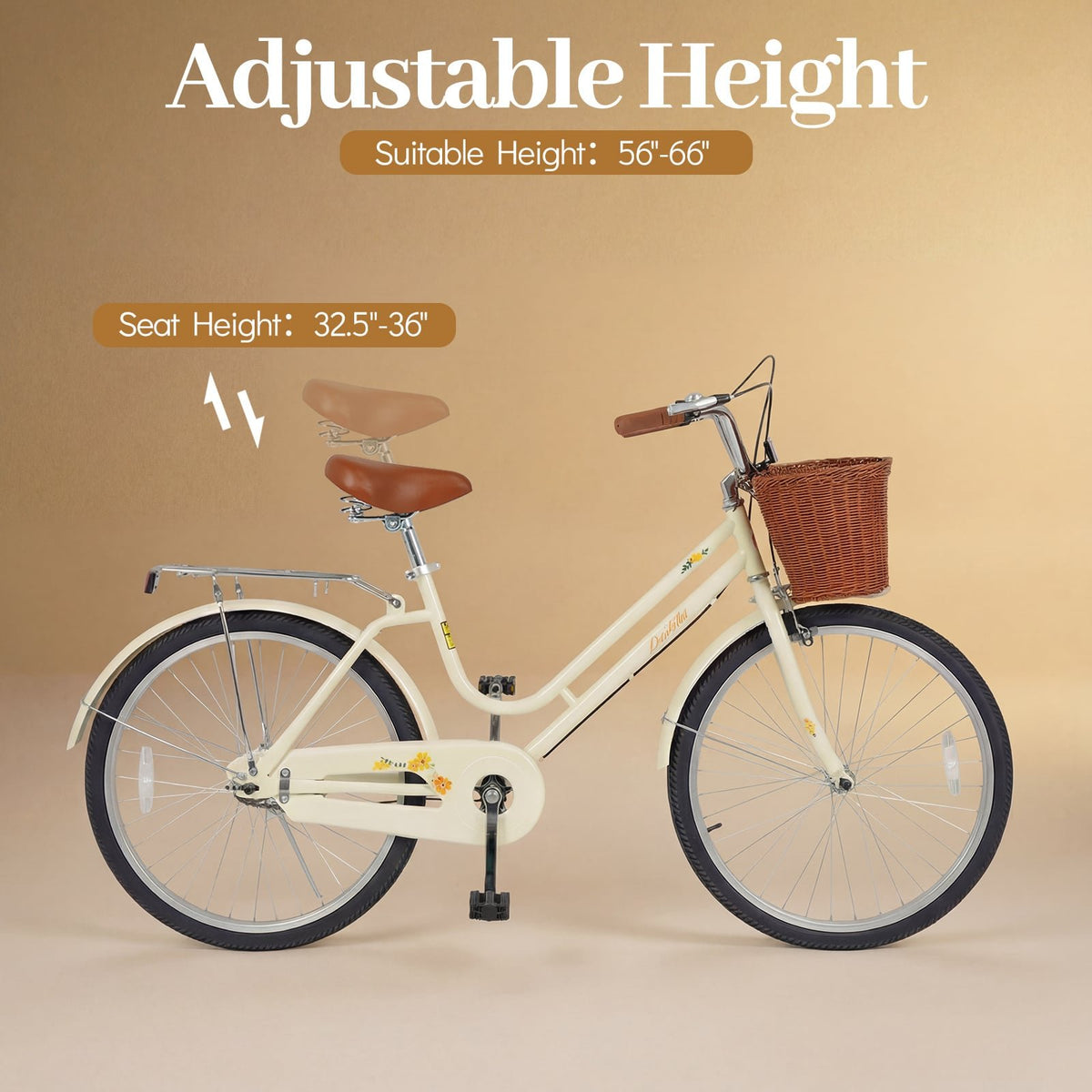 24 Inch Beach Cruiser Bike for Women with Woven Basket and Rear Rack - Beige view 5