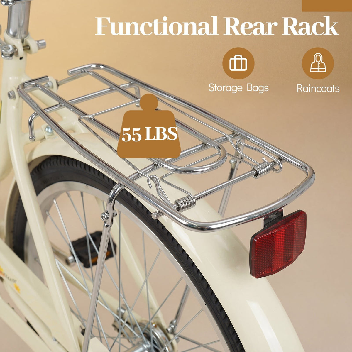 24 Inch Beach Cruiser Bike for Women with Woven Basket and Rear Rack - Beige view 7