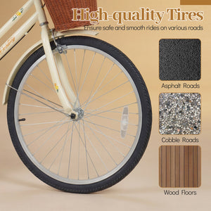 24 Inch Beach Cruiser Bike for Women with Woven Basket and Rear Rack - Beige view 8