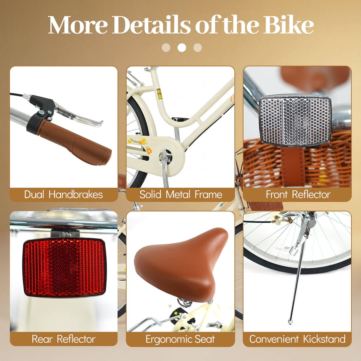 24 Inch Beach Cruiser Bike for Women with Woven Basket and Rear Rack - Beige view 9