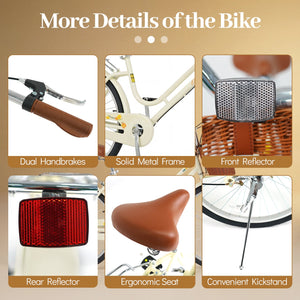 24 Inch Beach Cruiser Bike for Women with Woven Basket and Rear Rack - Beige view 9