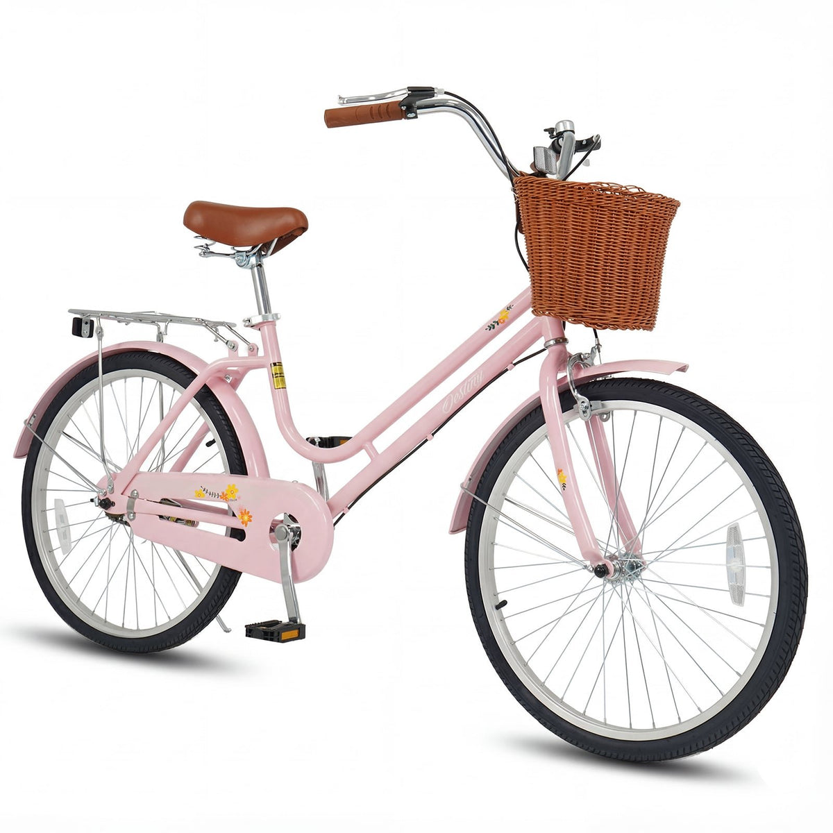 24-Inch Beach Cruiser Bike for Women with Woven Basket and Rear Rack - Pink