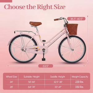 24-Inch Beach Cruiser Bike for Women with Woven Basket and Rear Rack - Pink view 4