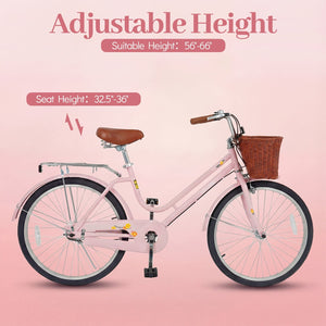 24-Inch Beach Cruiser Bike for Women with Woven Basket and Rear Rack - Pink view 5