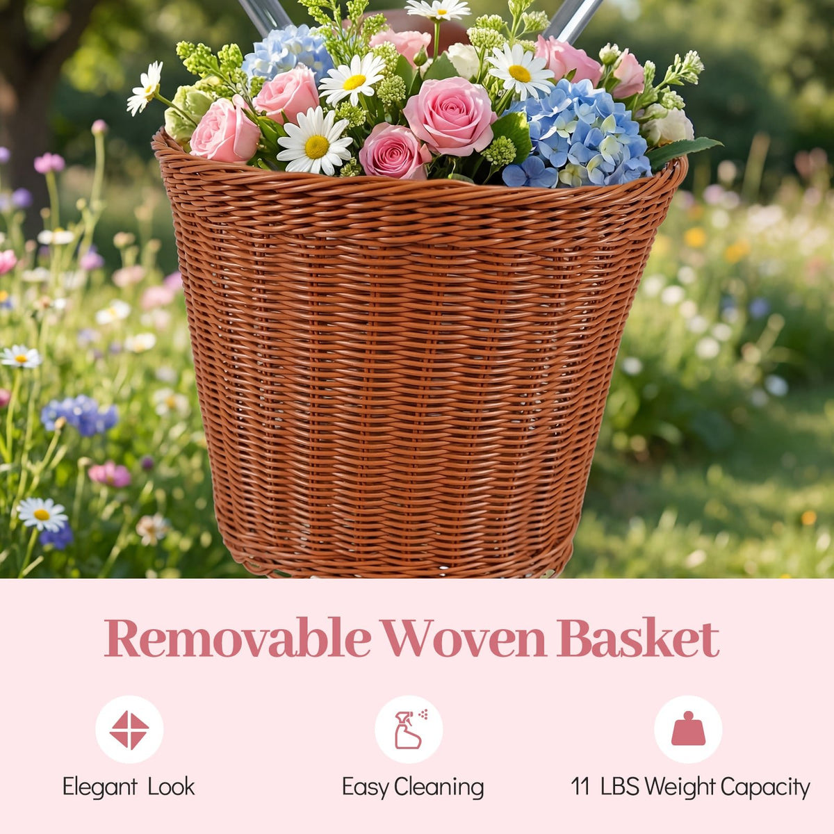 24-Inch Beach Cruiser Bike for Women with Woven Basket and Rear Rack - Pink view 6