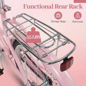 24-Inch Beach Cruiser Bike for Women with Woven Basket and Rear Rack - Pink view 7