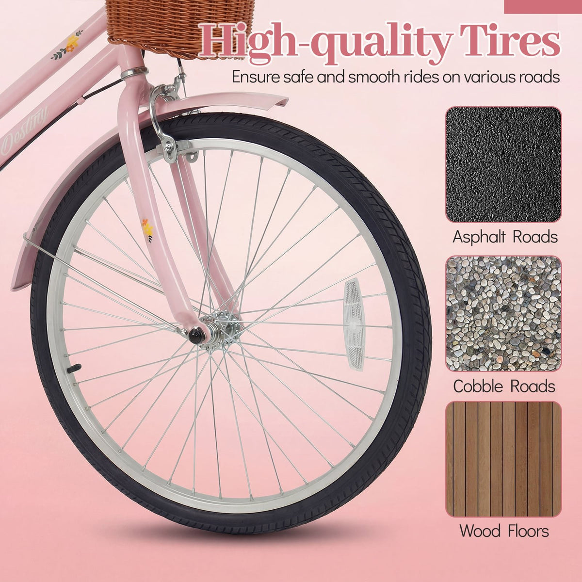 24-Inch Beach Cruiser Bike for Women with Woven Basket and Rear Rack - Pink view 8
