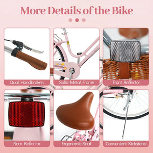 24-Inch Beach Cruiser Bike for Women with Woven Basket and Rear Rack - Pink view 9