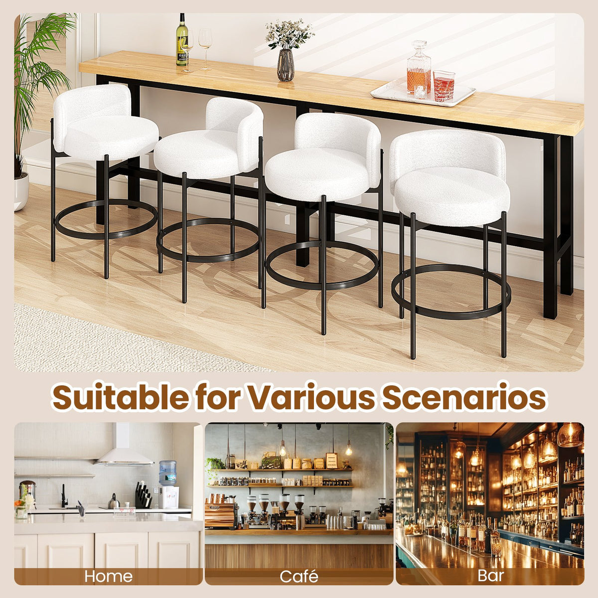 24 Inch Boucle Counter Stools Set of 4 with Curved Backrest view 7