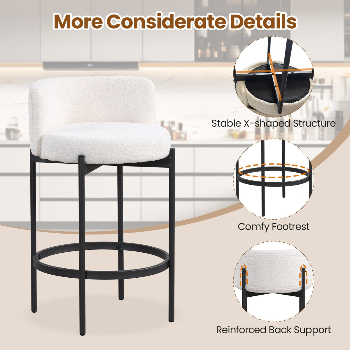 24 Inch Boucle Counter Stools Set of 4 with Curved Backrest view 8