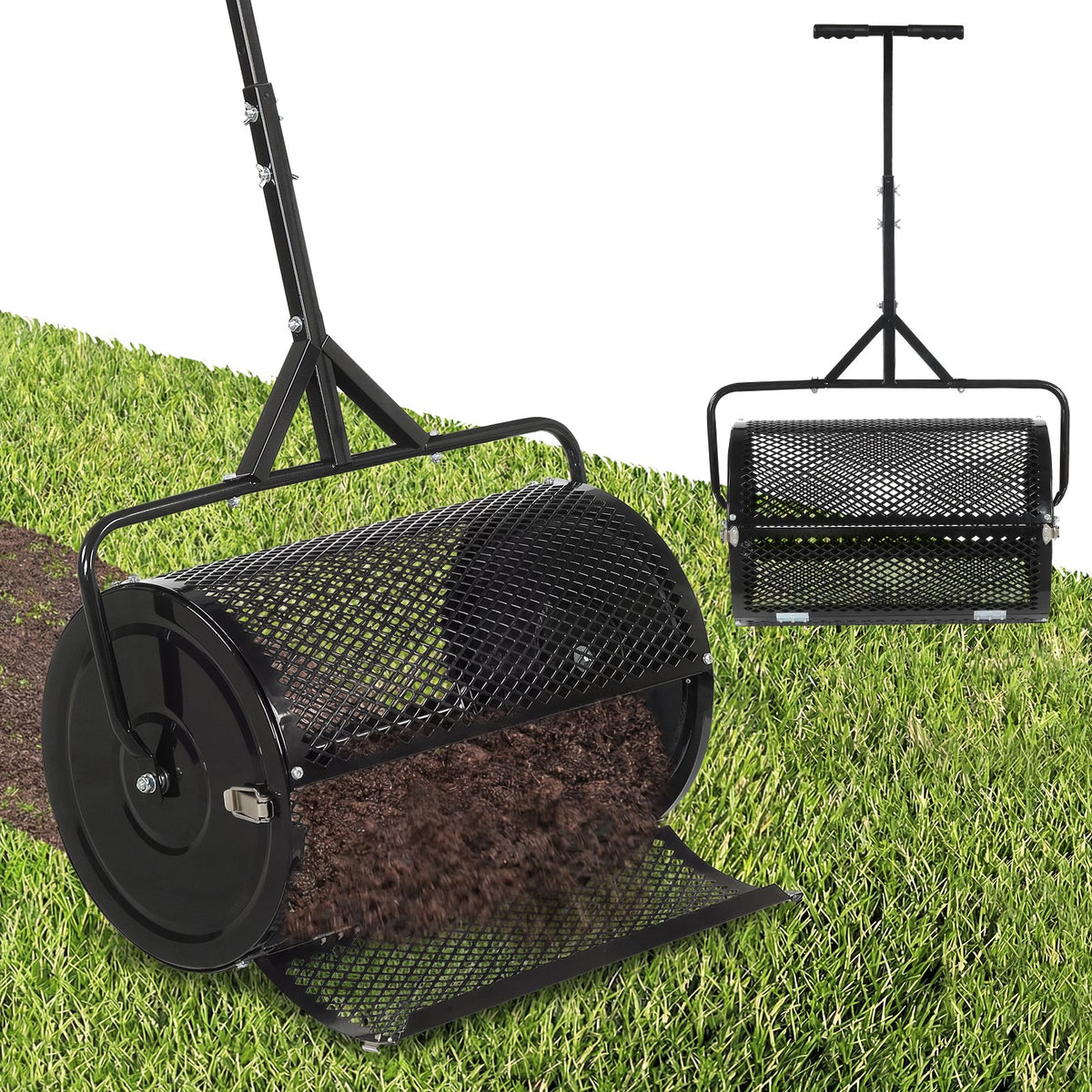 24 Inch Compost Spreader Peat Moss Spreader Roller with Height-Adjustable T-Shaped Handle-Black view 3