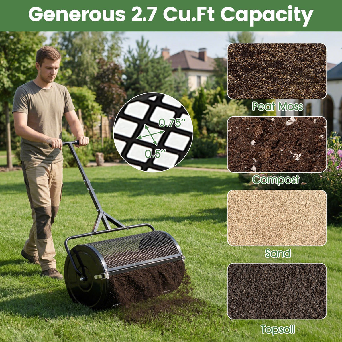 24 Inch Compost Spreader Peat Moss Spreader Roller with Height-Adjustable T-Shaped Handle-Black view 5