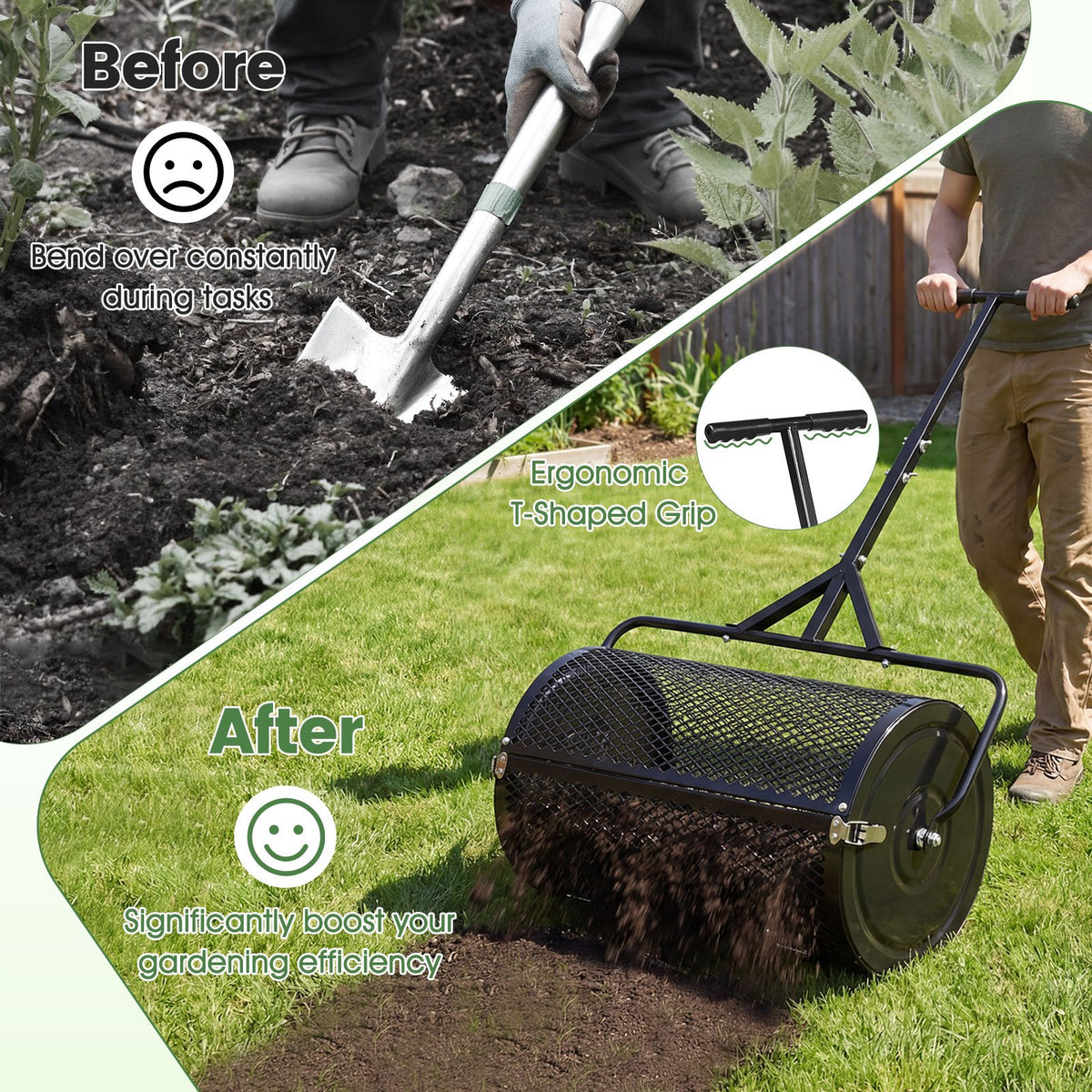 24 Inch Compost Spreader Peat Moss Spreader Roller with Height-Adjustable T-Shaped Handle-Black view 7