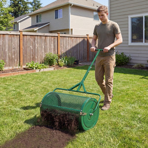 24 Inch Compost Spreader Peat Moss Spreader Roller with Height-Adjustable T-Shaped Handle-Green view 2