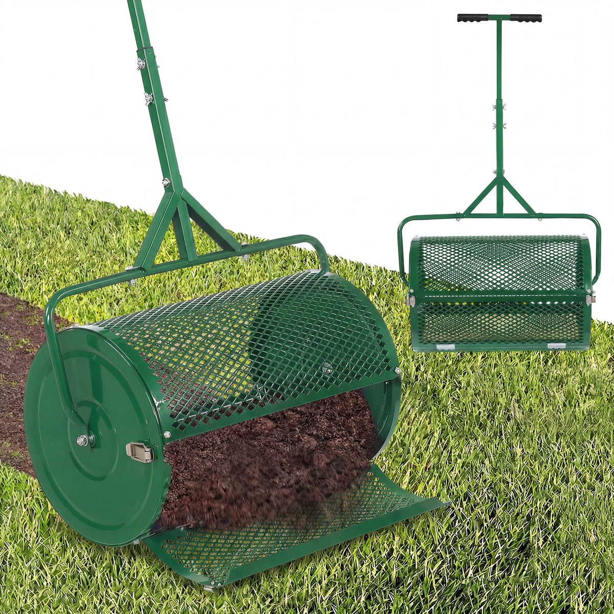 24 Inch Compost Spreader Peat Moss Spreader Roller with Height-Adjustable T-Shaped Handle-Green view 3