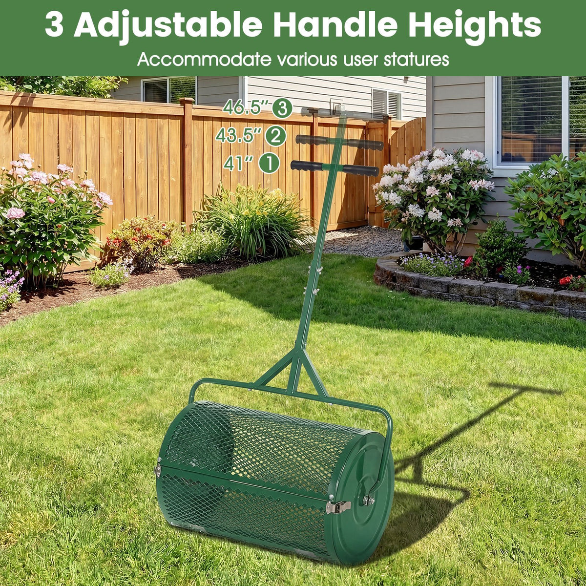24 Inch Compost Spreader Peat Moss Spreader Roller with Height-Adjustable T-Shaped Handle-Green view 6